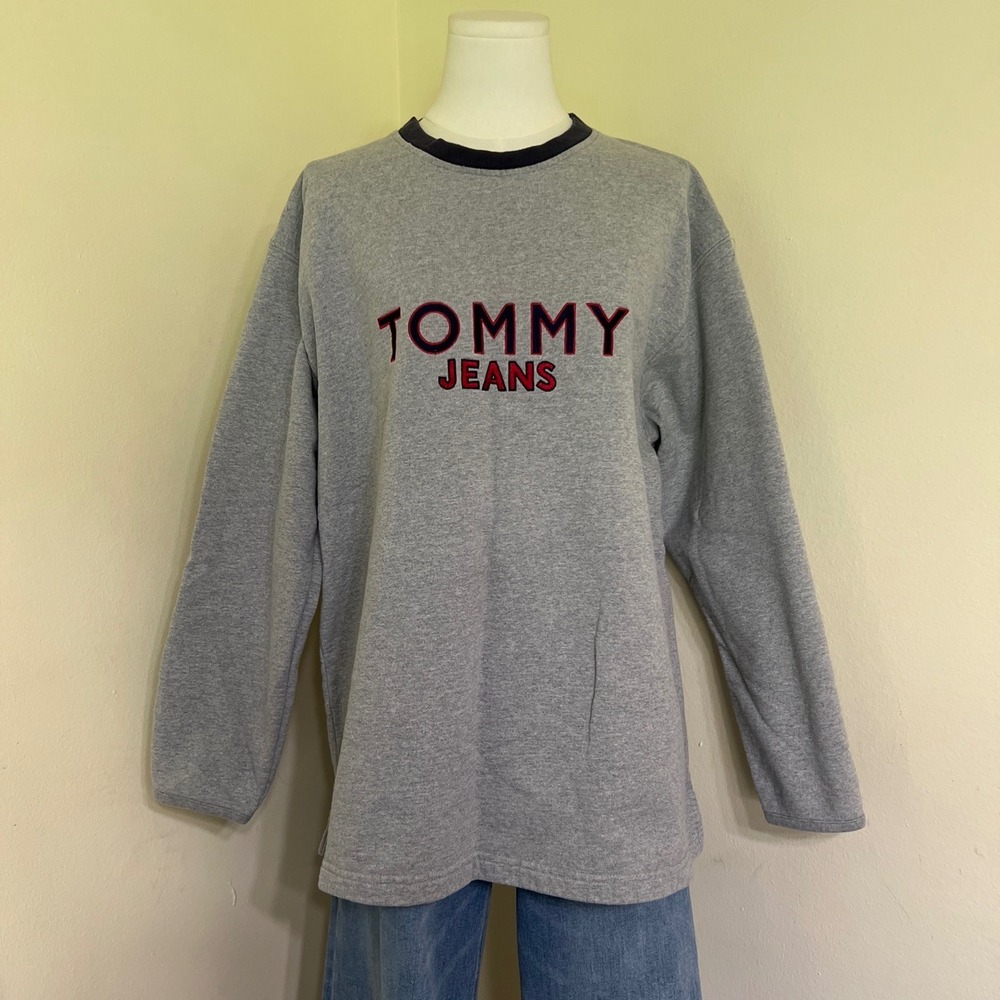 Tommy Jeans Vintage Embroidered Logo Sweatshirt Gray Navy Crewneck Medium